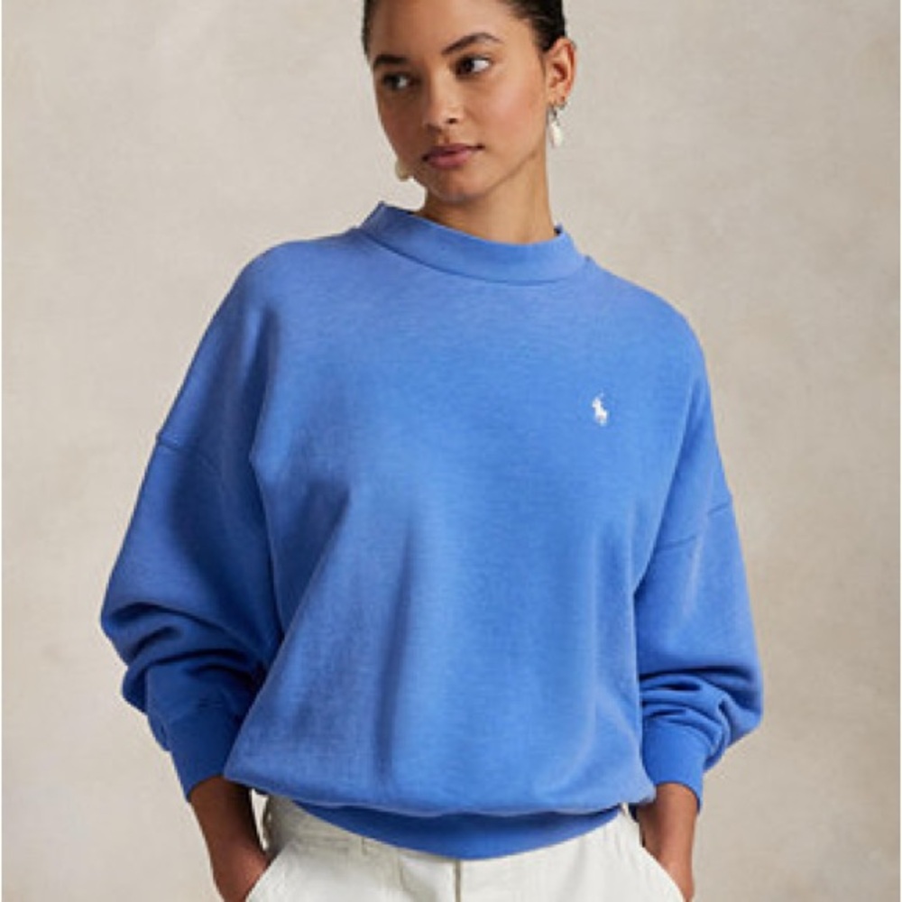 Ralph Lauren blue oversized fleece crewneck with funnel neck / mock neck. NWT